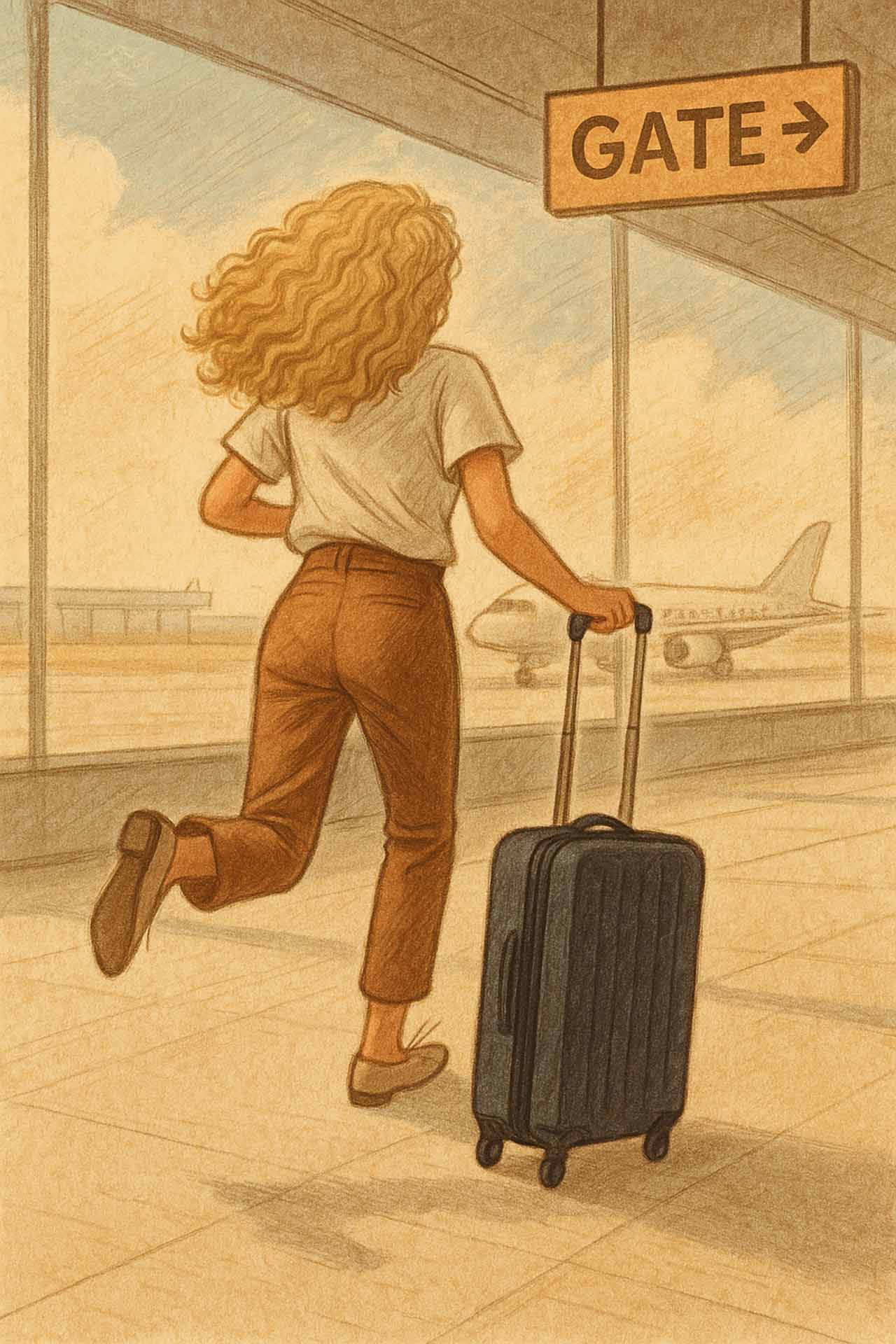 Drawing of a woman running for an airline gate with a suitcase in tow living the stressful side of the digital nomad lifestyle.
