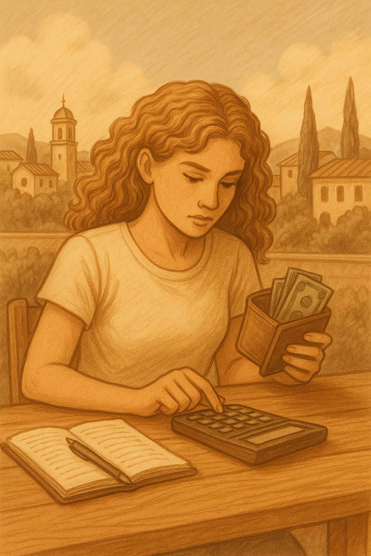 Drawing of a woman using a calculator.