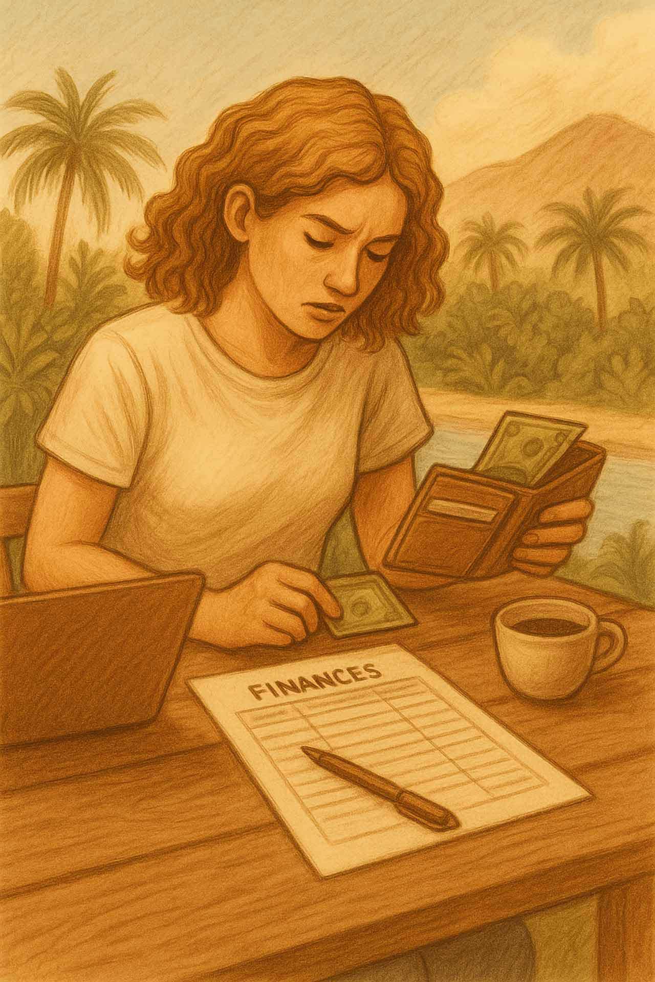 Drawing of a woman counting her money.