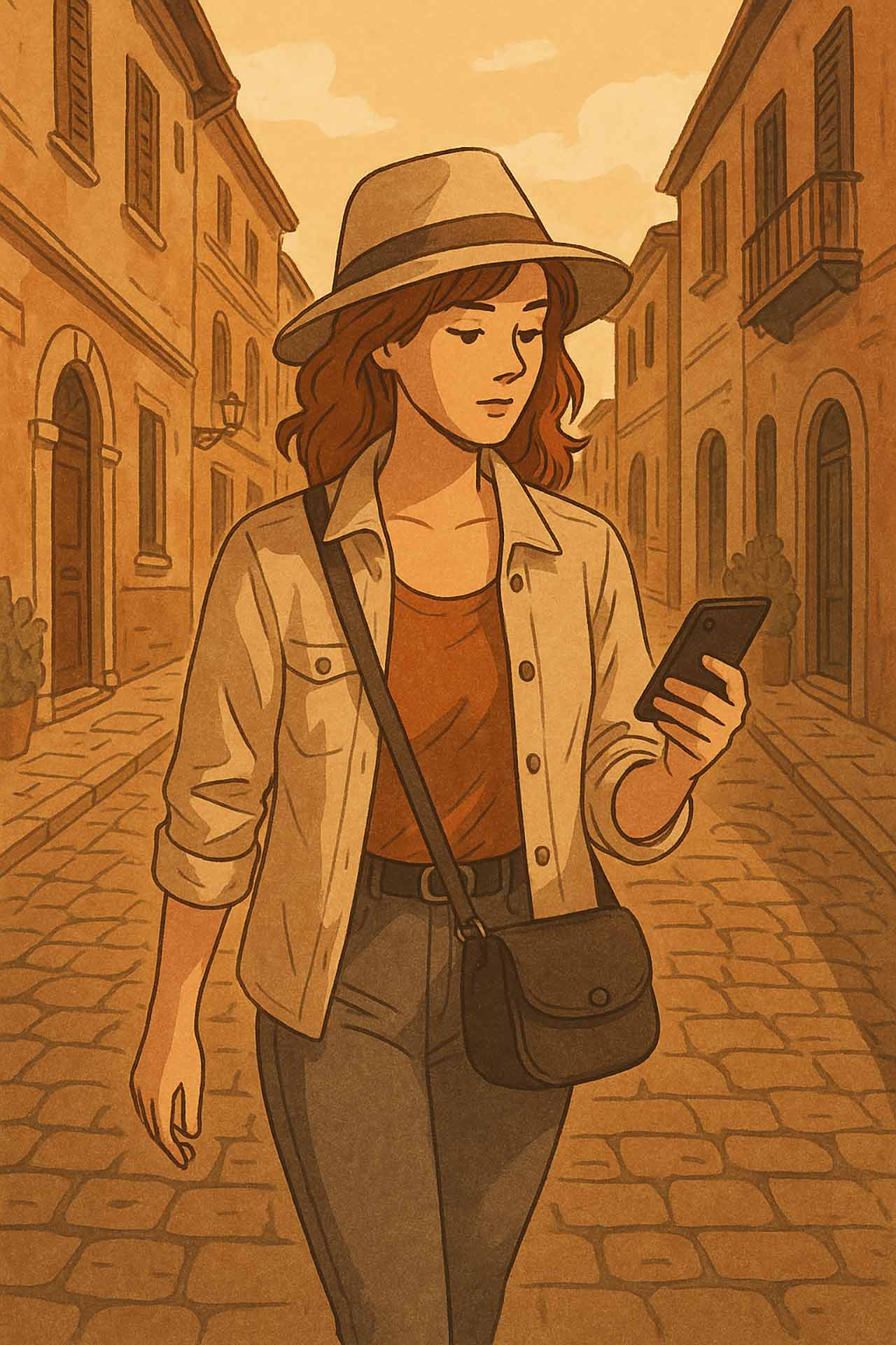 Drawing of a woman walking down the street, looking at her phone.