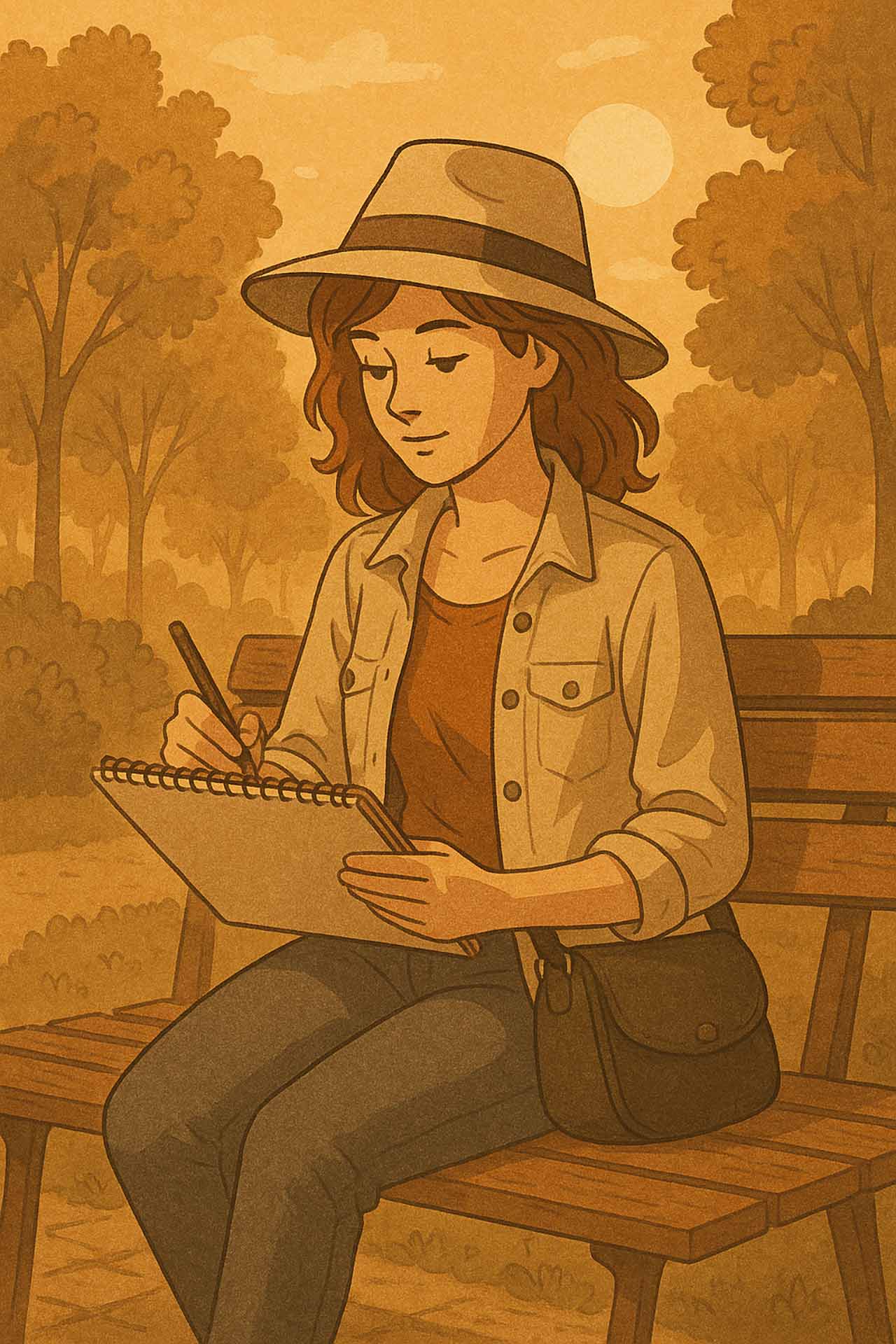 Drawing of a woman on a park bench, writing.