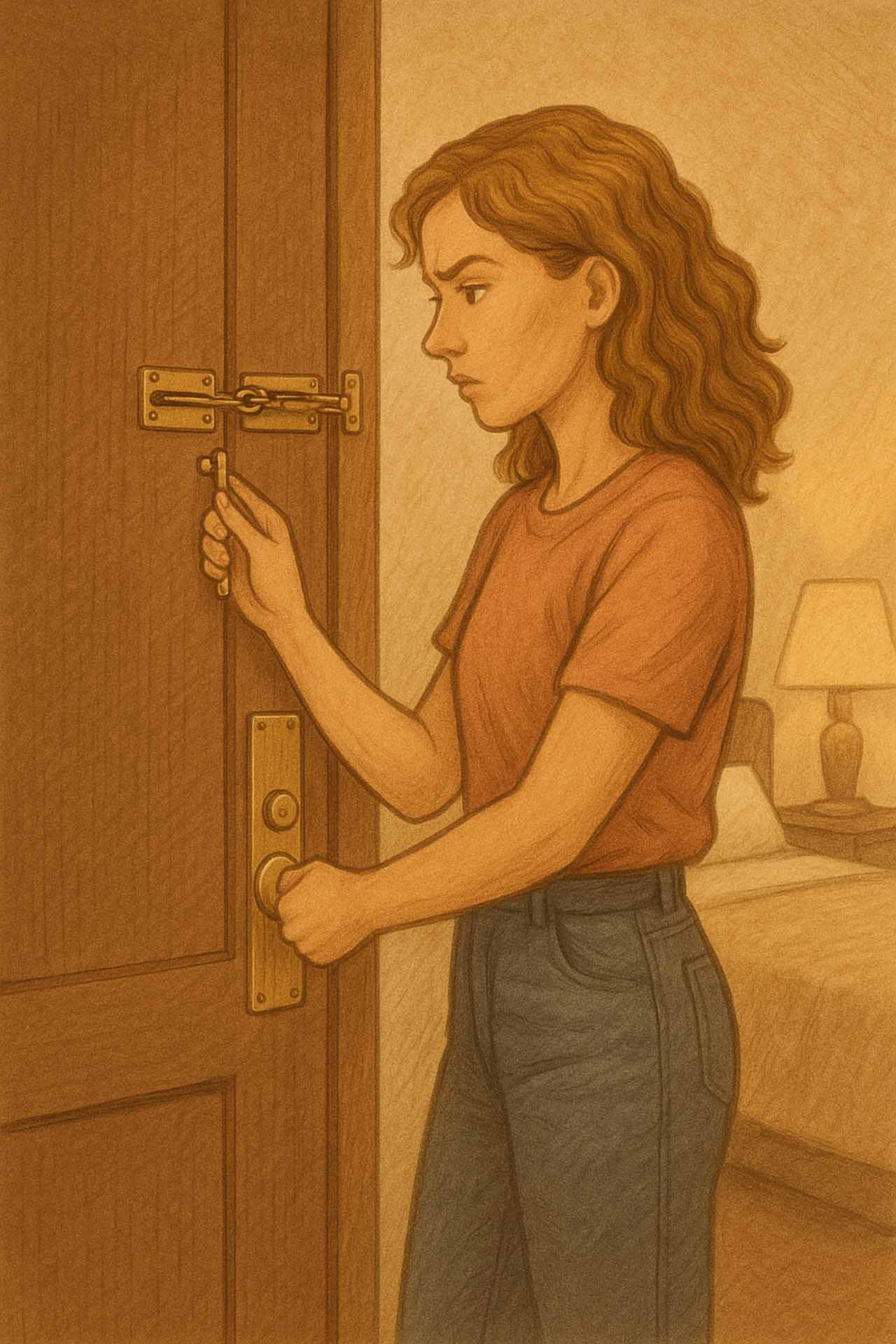Drawing of a woman locking her hotel room door.