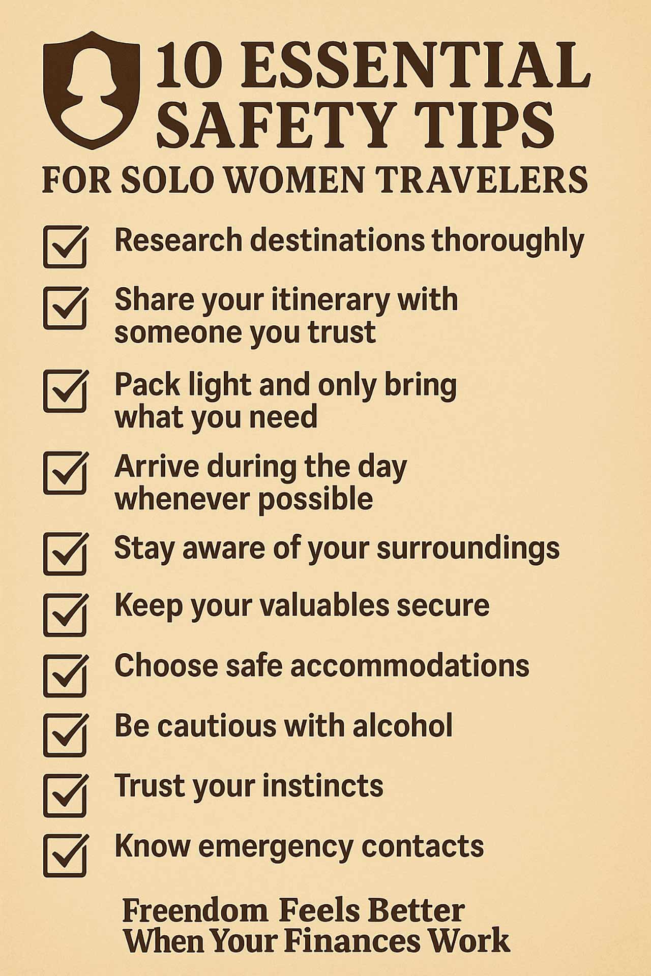 Written checklist of safety precautions for solo women travelers.