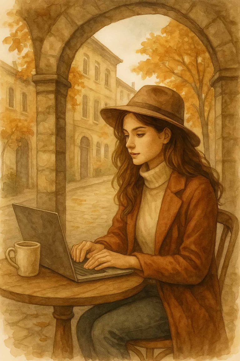 Woman working on her laptop at a cafe table on a cobblestone street.