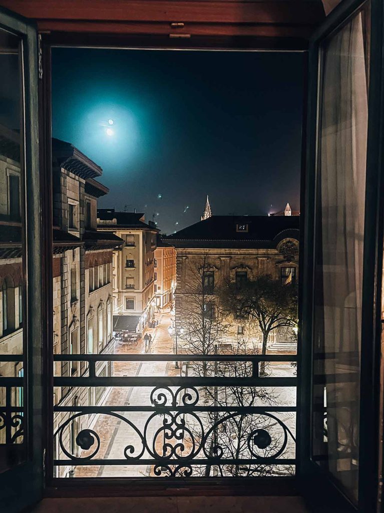Night view out of a hotel window in Oviedo Spain.